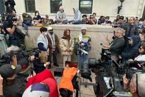 Protest leaders at Columbia University are interviewed. (AP Photo/Ted Shaffrey)