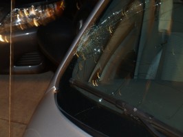 Fischer's PT Cruiser's windshield after the collision, which Fischer said she did not notice until an hour later. Click on the image for larger view. (FHP)