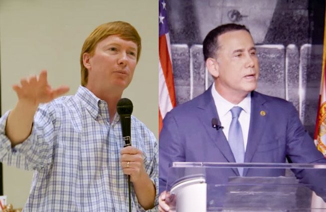 Adam Putnam, left, and Philip Levine in stills from their TV ads. (© FlaglerLive via YouTube)