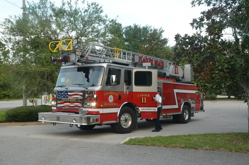 Flagler Beach's $568,000 'quint' fire truck, delivered at the beginning of 2016, sustained significant public opposition before the city commission voted to buy it. (© FlaglerLive)