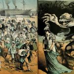 Comparison of European immigrants, represented in the left panel as virtues, while Chinese immigrants are represented by a serpent representing maladies, The Wasp (San Francisco), Vol. 7, 1881