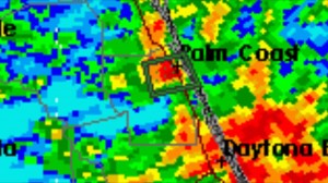 Rain totals over Palm Coast: Green is 1 inch, yellow, 2 inches, orange, 3 inches, red, 4 inches, darker red, 5 inches. Click on the image for larger view. (FlaglerWeatherInfo)