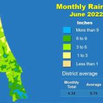 A map illustrates rainfall conditions in June across the St. Johns River Water Management District.