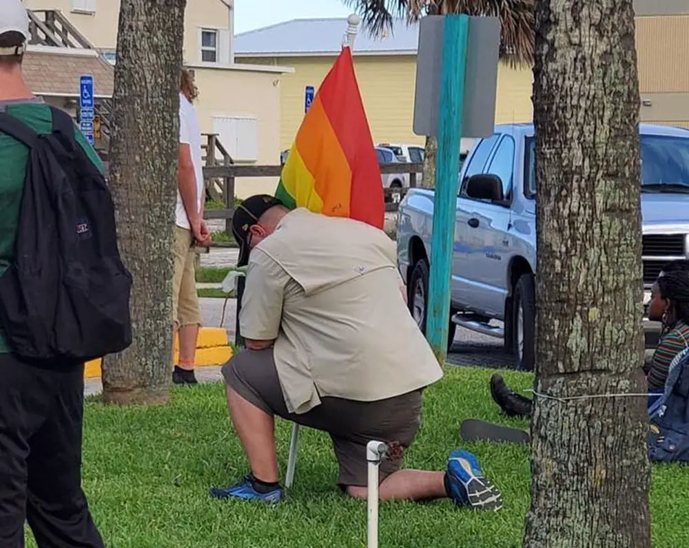 Randall Bertrand, who has a transgender son, has led the fight for LGBTQ rights in Flagler County schools since last year. He was among the marchers in an LGBTQ demonstration last Friday in Flagler Beach. (Randall Bertrand)