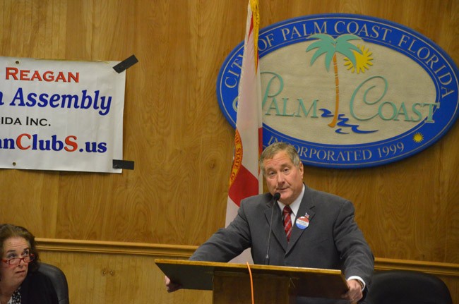 Mike McElroy speaking at a Ronald Reagan Republican Assemblies function last year. (© FlaglerLive)