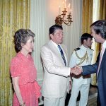 President Ronald Reagan and Nancy Reagan greet Donald Trump during a reception in August 1983.