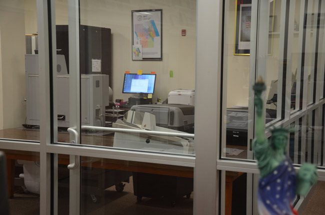 The recount machine, to the left, and other equipment to be used Sunday during the recount of three races at the Flagler County Supervisor of Elections' office. (© FlaglerLive)
