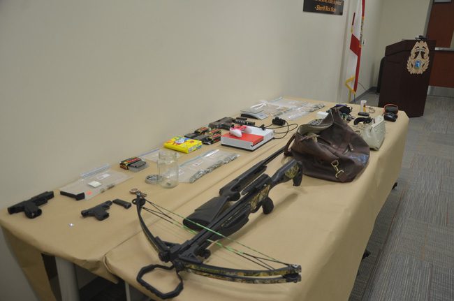 Some of the items deputies and detectives recovered or seized following recent burglaries were laid out on a table ahead of a news conference with Sheriff Rick Staly Friday. (c FlaglerLive)