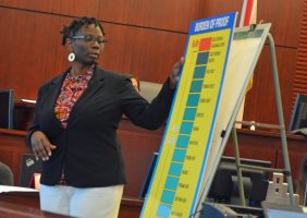 Public Defender Regina Nunnally explaining the burden of proof to the jury, which was required to convict only if it found evidence convincing beyond a reasonable doubt. Click on the image for larger view. (© FlaglerLive)