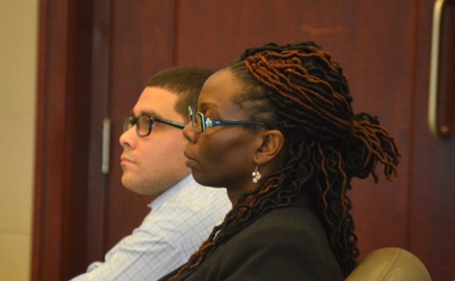 Assistant Public Defender Regina Nunnally and George Wood this afternoon. Click on the image for larger view. (© FlaglerLive)