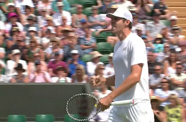 Reilly Opelka after winning his last point against Stan Wawrinka today at Wimbledon. 
