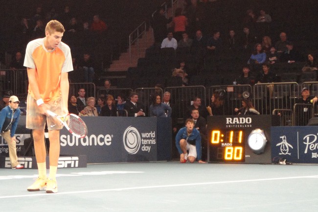 The towering Reilly Opelka, just 17, playing Madison Square Garden last spring. He's in the main draw of the USTA Pro Circuit Men’s Futures Tournament that starts Friday at the Palm Coast Tennis Center. (© FlaglerLive)