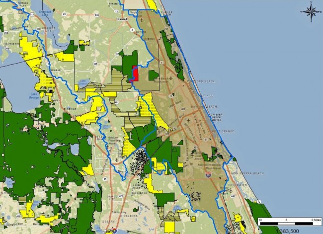 The recently acquired Relay Property, at the southern end of Flagler County, is marked in red. Click on the image for larger view.