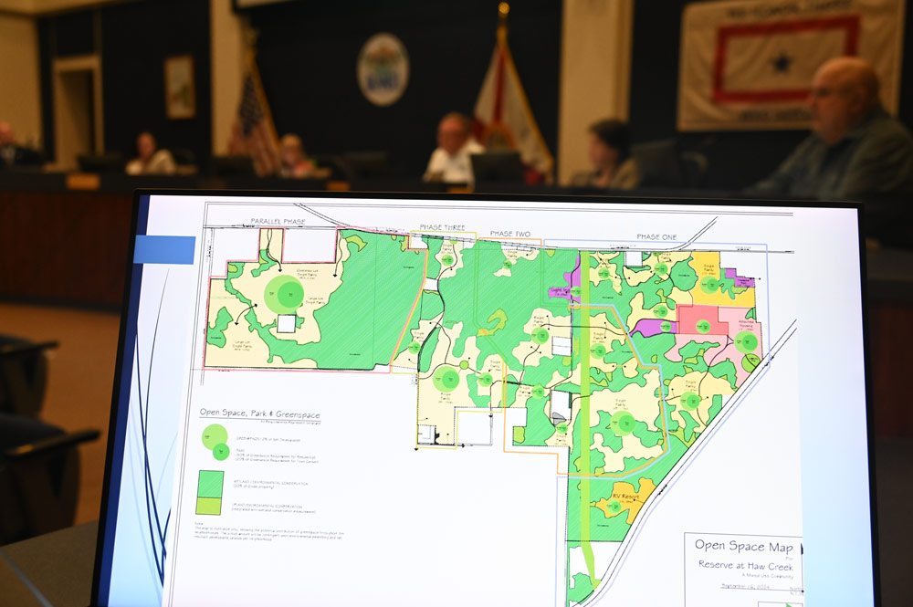 A map of the Reserve at Haw Creek development the developers displayed late last year at the Bunnell City Commission, which turned down a request to reduce open space. (© FlaglerLive)