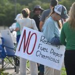 Protesters opposed to the rezoning demonstrated ahead of a Bunnell City Commission meeting last week. The item was not on the agenda. (© FlaglerLive)