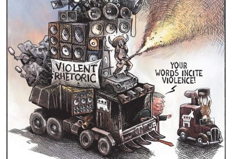 Trump accuses Democrats of violence by Michael de Adder, CagleCartoons.com
