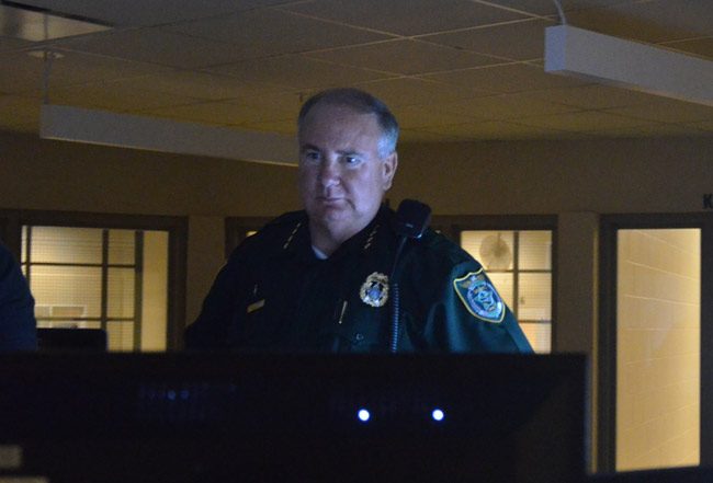 Flagler County Sheriff Rick Staly, seen here at the county jail, where about a dozen men and women are booked on domestic violence related charges every week, intends to launch an initiative to combat domestic violence. (© FlaglerLive)