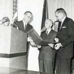 President Lyndon Johnson awarded Admiral Hyman Rickover, center, the Enrico Fermi Award (named for the Italian-American physicist and member of the Manhattan Project whose team at the University of Chicago created the first self-sustaining nuclear chain reaction, a key step in the making the atomic bomb).