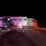 The tractor trailer crashed through the center guardrail and jackknifed across all three northbound lanes of I-95 early this morning. (PCFD)