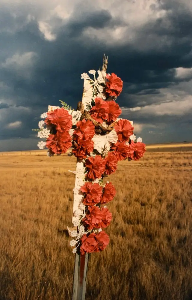 One of the most common sights along Montana highways. U.S. 191, where this cross was planted, parallels the Nez Percé Indian trail of 1877. Once the tribe that saved the Lewis and Clark out of destitution, the Nez Percé lost 239 men, women and children l as they were being pursued by U.S. Army detachments through the heart of Montana in 1877.