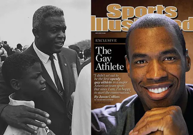 Jackie Robinson, left, with his son during the Civil Rights March on Washington, D.C. on Aug. 28, 1863 (National Archives), and Jason Collins on the current cover of Sports Illustrated. 
