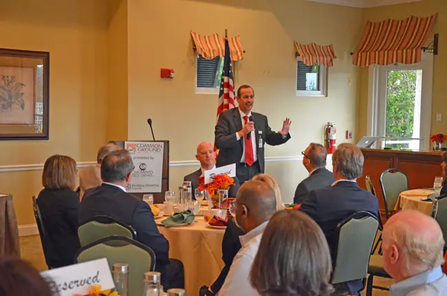 Florida Hospital Flagler CEO Ron Jimenez at this morning's Common Ground breakfast, a production of the Flagler County Chamber of Commerce. (© FlaglerLive)