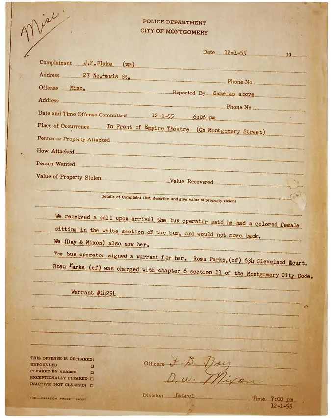 Rosa Parks Arrest Report, Montgomery, 1955