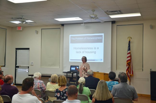 Amanda Rosado of the Florida Housing Coalition sought to dispel a few myths about homelessness at a meeting at the library today. (© FlaglerLive)