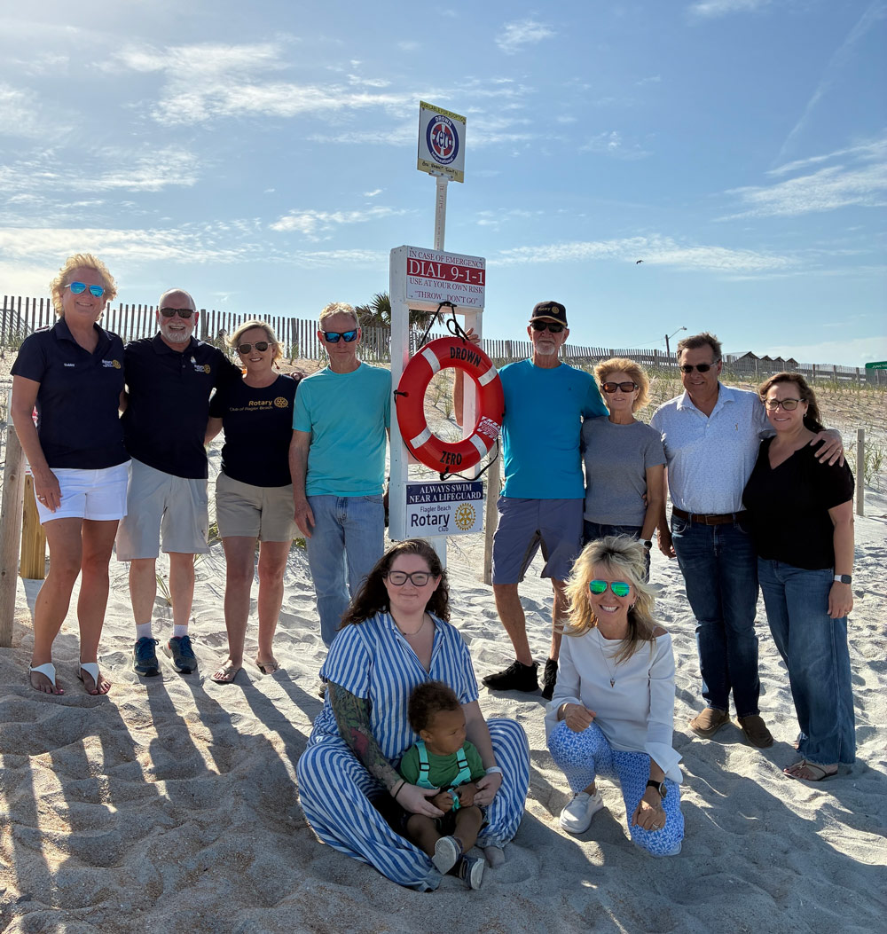 Some Rotary Club of Flagler Beach club members and their family at the Drown Zero station at 8th Street South. Pictured from left to right standing: Debby Meyer, Bob Snyder, Sandra McDerrmott, Tom Gillan, Art MacQueen, Gingie MacQueen, Keith Kessler, Dina Kessler. Sitting: Savannah and Kai Prince and Cindy Dalecki.