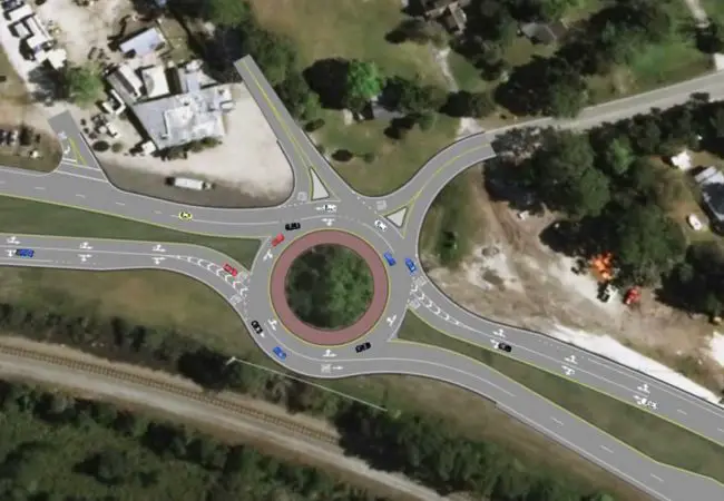 The proposed roundabout at the intersection of Old Dixie Highway and U.S. 1 is intended to drastically reduce the number of severe crashes at one of the county's most dangerous intersections. Two other such roundabouts are proposed for other dangerous intersections in Flagler. Click on the image for larger view.  (DOT)
