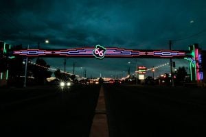 A stretch of Route 66 in Albuquerque, N.M., pictured on June 7, 2026. Towns and cities located along the highway are gearing up to celebrate the iconic road’s centennial. Heather Diehl/Getty Images