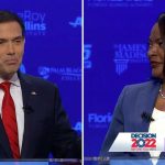 Marco Rubio and Val Demings during Tuesday evening's debate. (First Coast News screen shot)