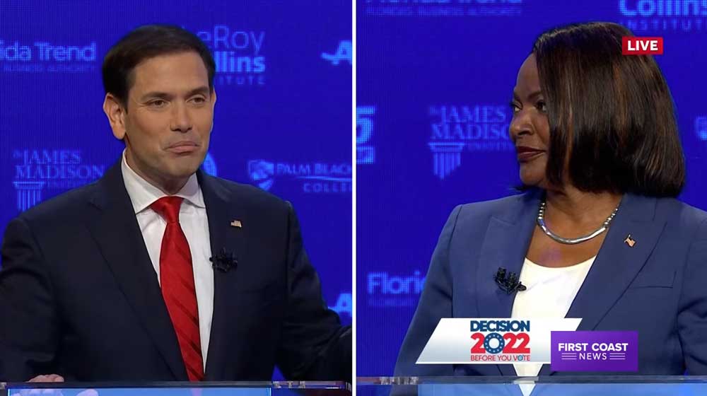 Marco Rubio and Val Demings during Tuesday evening's debate. (First Coast News screen shot)