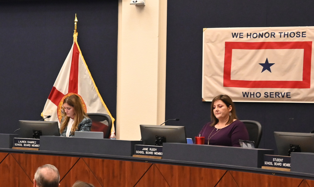 Flagler County School Board members Lauren Ramirez, left, and Janie Ruddy. (© FlaglerLive)