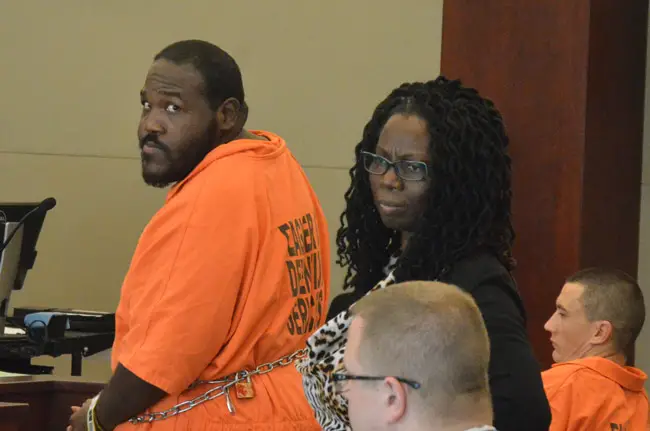 He's into staring: Charles Rushing-Griffen in court this morning, where he was sentenced. One of his victims asked the judge if she could stare at him the way he stared at her. The judge allowed it. (© FlaglerLive)