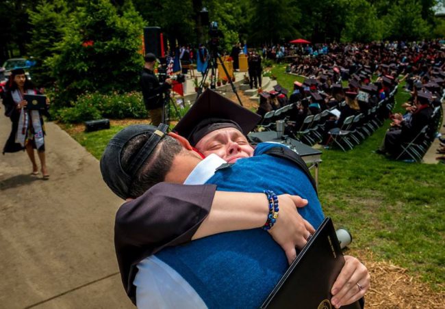 Grinnell College's Justin Hayworth took that picture just as Sadie walked off the stage after receiving her diploma. We were unaware. The picture then appeared on the college's Facebook page, and Sadie was told it would run in Grinnell's quarterly magazine. (Justin Hayworth)