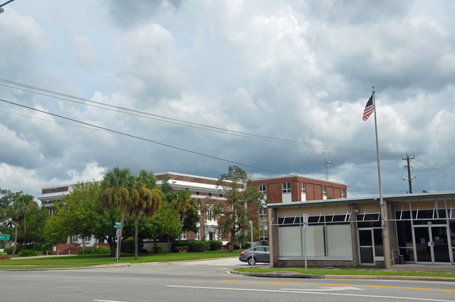 The proposed location of Flagler County's Safe Haven, adjacent to the Bunnell branch library, is across the street from the old courthouse. (© FlaglerLive)