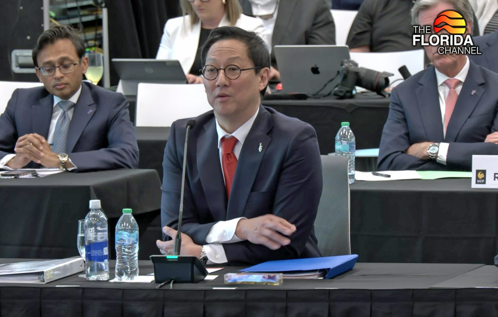 Santa Ono speaking to the Board of Governors today. (© FlaglerLive via Florida Channel)