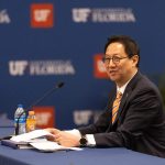 Santa Ono takes questions from University of Florida trustees before they unanimously approved him as the school’s president-elect on May 27, 2025. He was rejected by the state Board of Governors on June 3, 2025. (Photo courtesy UF)