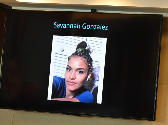 Savannah Gonzalez as shown by the prosecution on overhead screens in the courtroom today.  (© FlaglerLive)