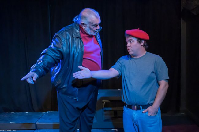 City Rep director John Sbordone, left, will step onstage to portray Montague in the troupe’s production of “Romeo and Juliet.” Here Montague has a few words with Benvolio, played by Beau Wade. (Mike Kitaif)