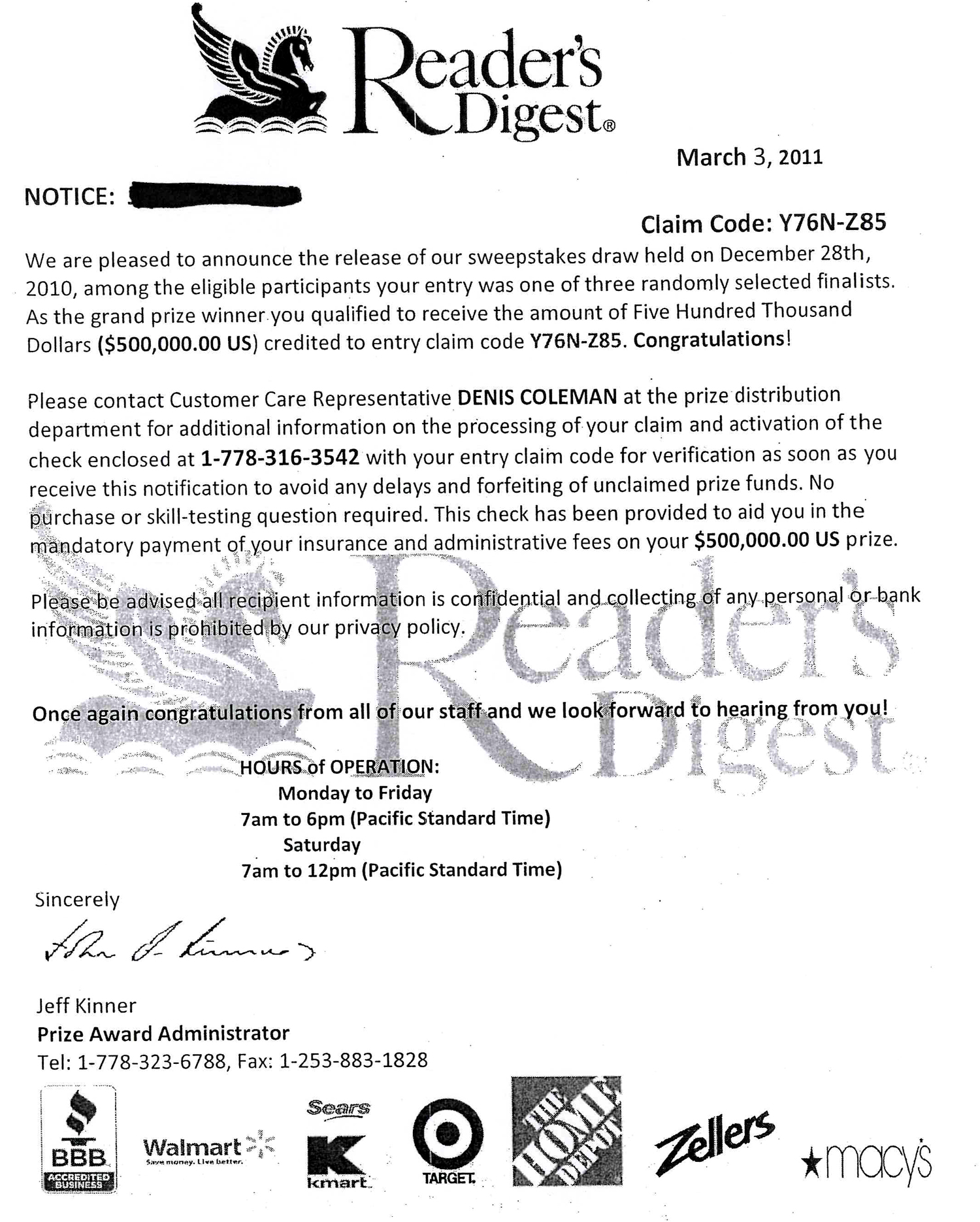 Reader's Digest Sweepstakes Scam in Flagler County Be On The Alert