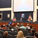 The majority of the Flagler County School Board are unquestioning supporters of Gov. DeSantis and President Trump. That majority withheld criticism even as it contended with potentially devastating cuts to the district's budget directly caused by the two leaders' policies and orders. (© FlaglerLive)