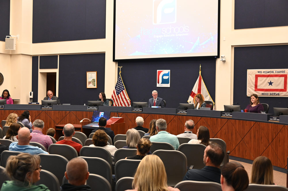 The majority of the Flagler County School Board are unquestioning supporters of Gov. DeSantis and President Trump. That majority withheld criticism even as it contended with potentially devastating cuts to the district's budget directly caused by the two leaders' policies and orders. (© FlaglerLive)