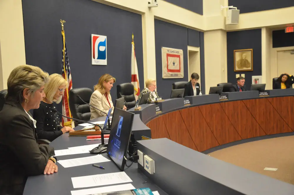 The Flagler County School Board. Members are currently paid $34,594 a year, a salary set by the state. (© FlaglerLive)