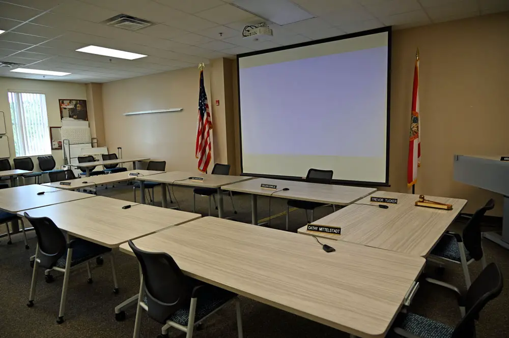 The Flagler County School Board in its workshop room, in a quieter moment. (© FlaglerLive)