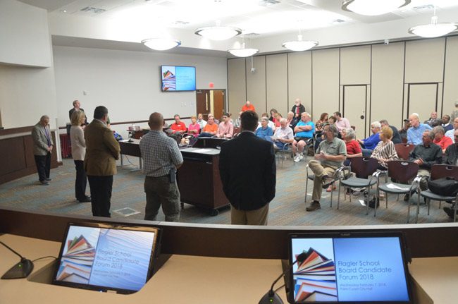 The first forum of the election season was hosted by the Republican Club of Flagler County and was held at City Hall in Palm Coast. The five school board candidates lined up for introductions before taking questions from the dais. (© FlaglerLive)