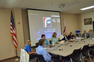 The Flagler County School Board preparing for a meeting last year. (© FlaglerLive)