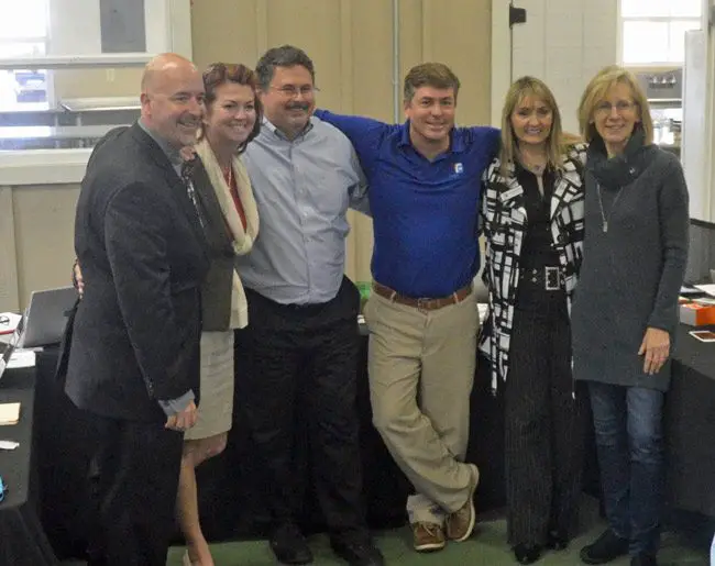 A three-year association between Jacob Oliva, left, and the Flagler County School Board is about to end, though two of the five current board members were not on the panel when he was hired--Janet McDonald, right, and Maria Barbosa, second from right. Other board members pictured are, from left, Colleen Conklin, Andy Dance and Board Chairman Trevor Tucker. (© FlaglerLive)