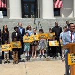 Nathan Hoffman, a lobbyist for Foundation for Florida’s Future, speaks on May 14, 2026, in front of the Historic Florida Capitol. (Photo by Jay Waagmeester/Florida Phoenix)